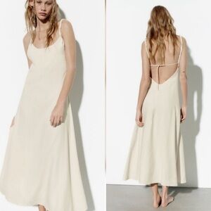 Zara Cream Slip Dress - Linen Blend twist straps low back